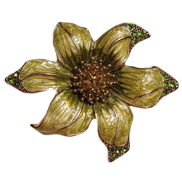 Liz Claiborne Gold Tone Green Enamel Rhinestone Lucite Seed Bead Flower Brooch - Picture 1 of 7